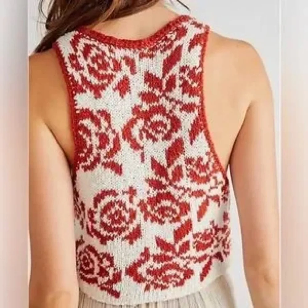 Free People Red and Cream Rose Knit Crop Tank